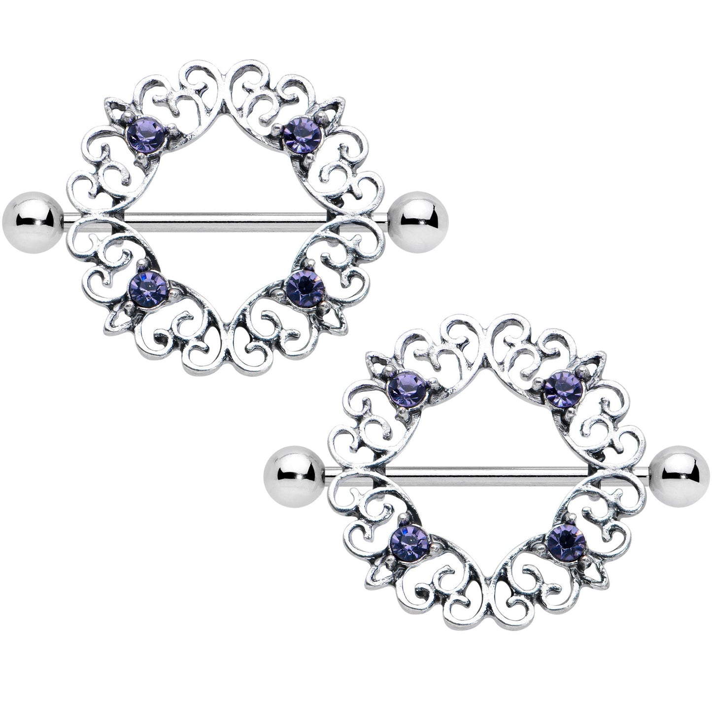 14G 9/16 Purple Gem Filigree Valentines Day Nipple Shield Set
