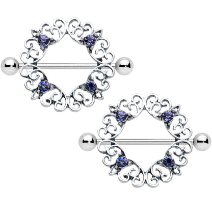 14G 9/16 Purple Gem Filigree Valentines Day Nipple Shield Set