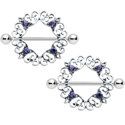 14G 9/16 Purple Gem Filigree Valentines Day Nipple Shield Set