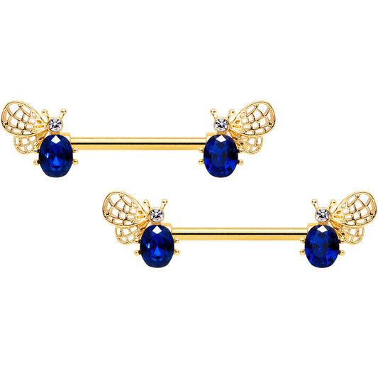 14G 9/16 Blue Gem Gold Tone Beautiful Bee Barbell Nipple Ring Set