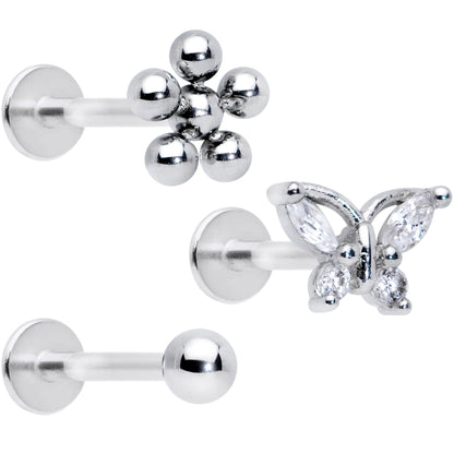 16G 5/16 Clear CZ Gem Flower Butterfly Labret Tragus Set of 3