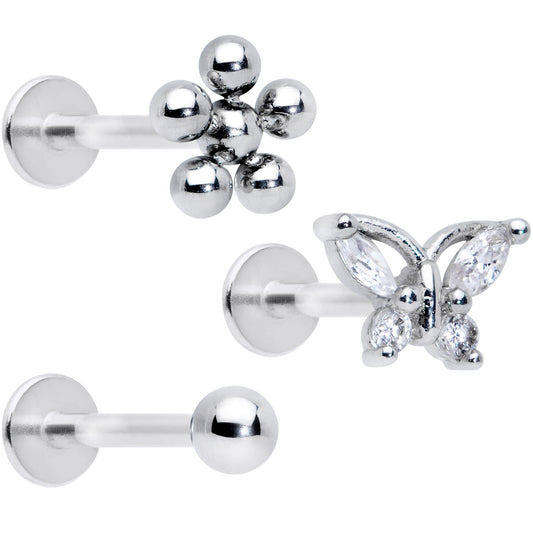 16G 5/16 Clear CZ Gem Flower Butterfly Labret Tragus Set of 3