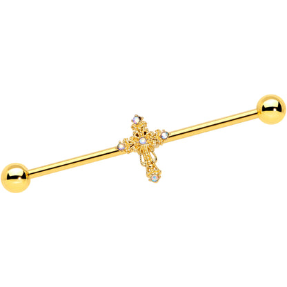 14G Clear CZ Gem Gold Tone Cross Industrial Barbell 38mm