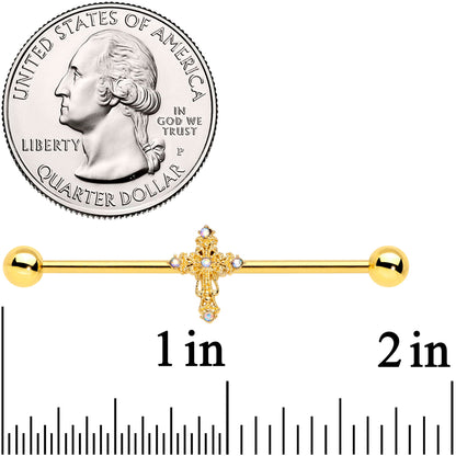 14G Clear CZ Gem Gold Tone Cross Industrial Barbell 38mm