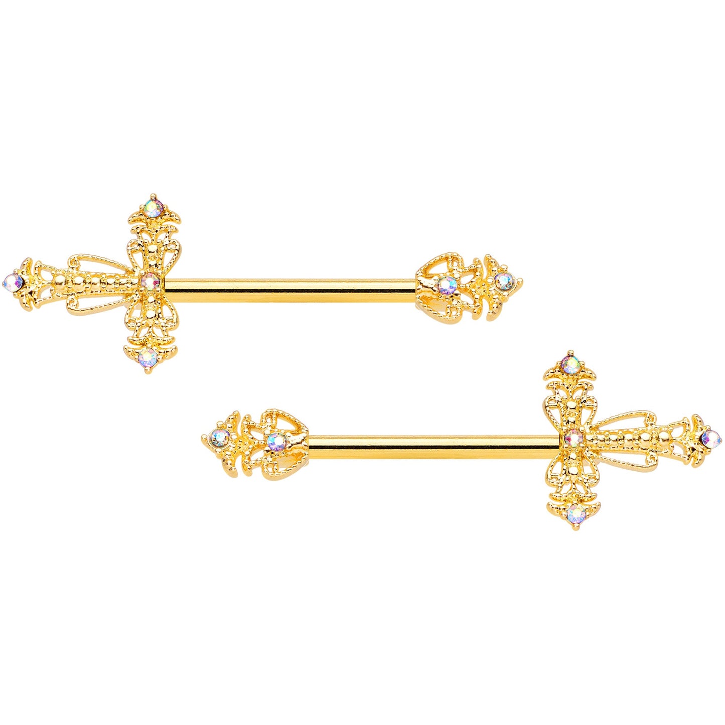 14G 9/16 Clear CZ Gem Gold Tone Scrolling Cross Nipple Ring Set