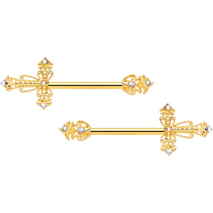 14G 9/16 Clear CZ Gem Gold Tone Scrolling Cross Nipple Ring Set