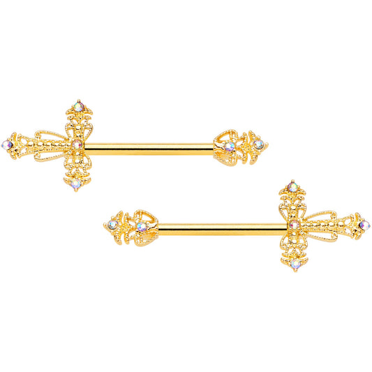14G 9/16 Clear CZ Gem Gold Tone Scrolling Cross Nipple Ring Set