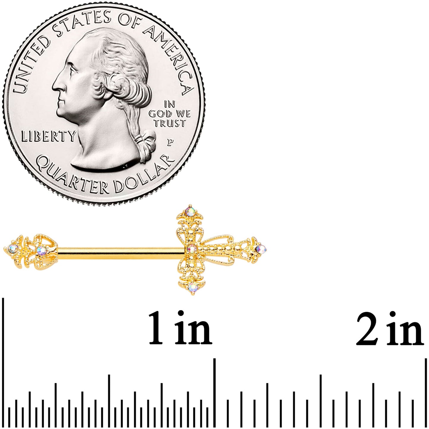 14G 9/16 Clear CZ Gem Gold Tone Scrolling Cross Nipple Ring Set