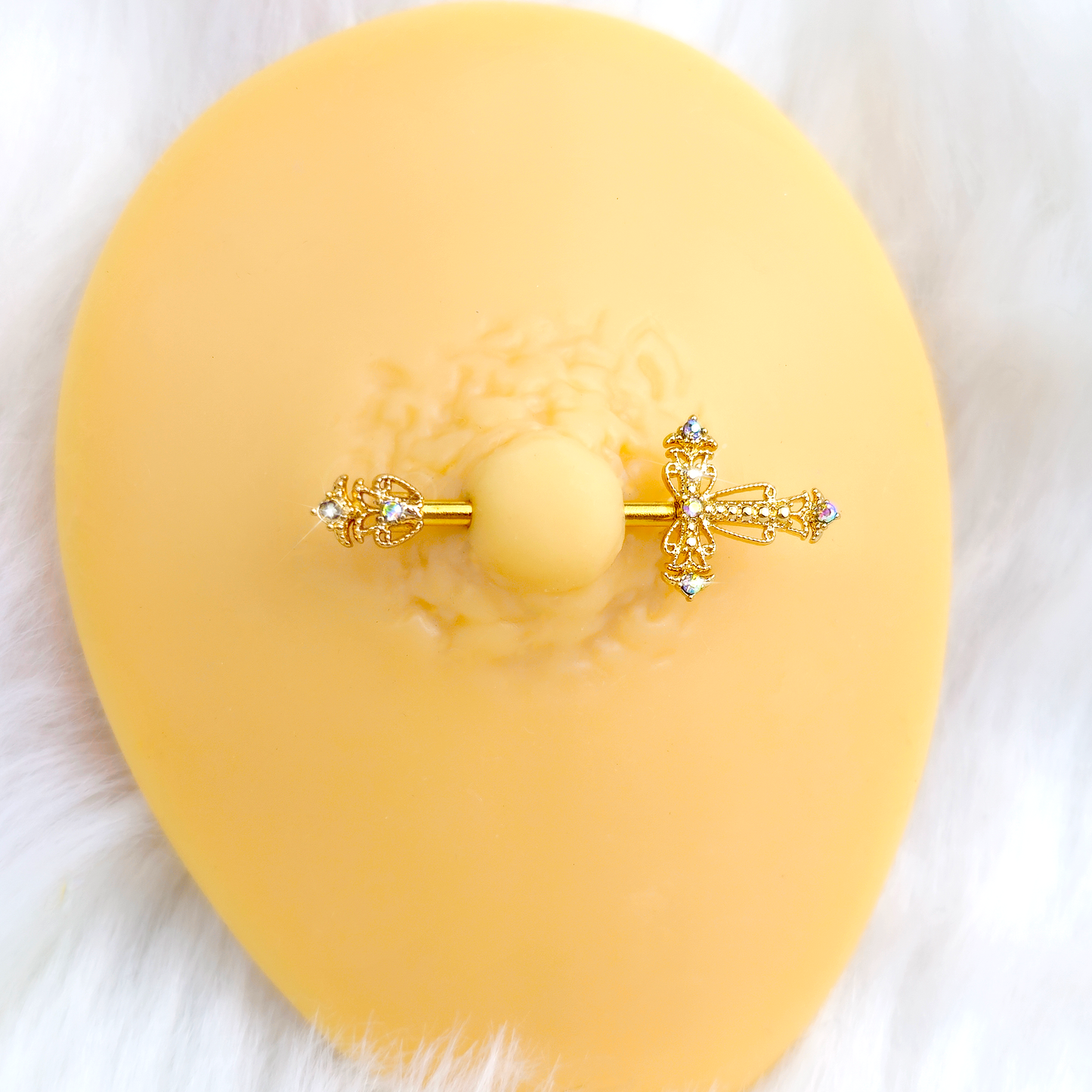 14G 9/16 Clear CZ Gem Gold Tone Scrolling Cross Nipple Ring Set