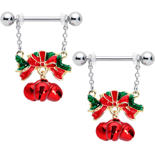 14G 9/16 Holiday Red Bells Christmas Chain Dangle Nipple Ring Set