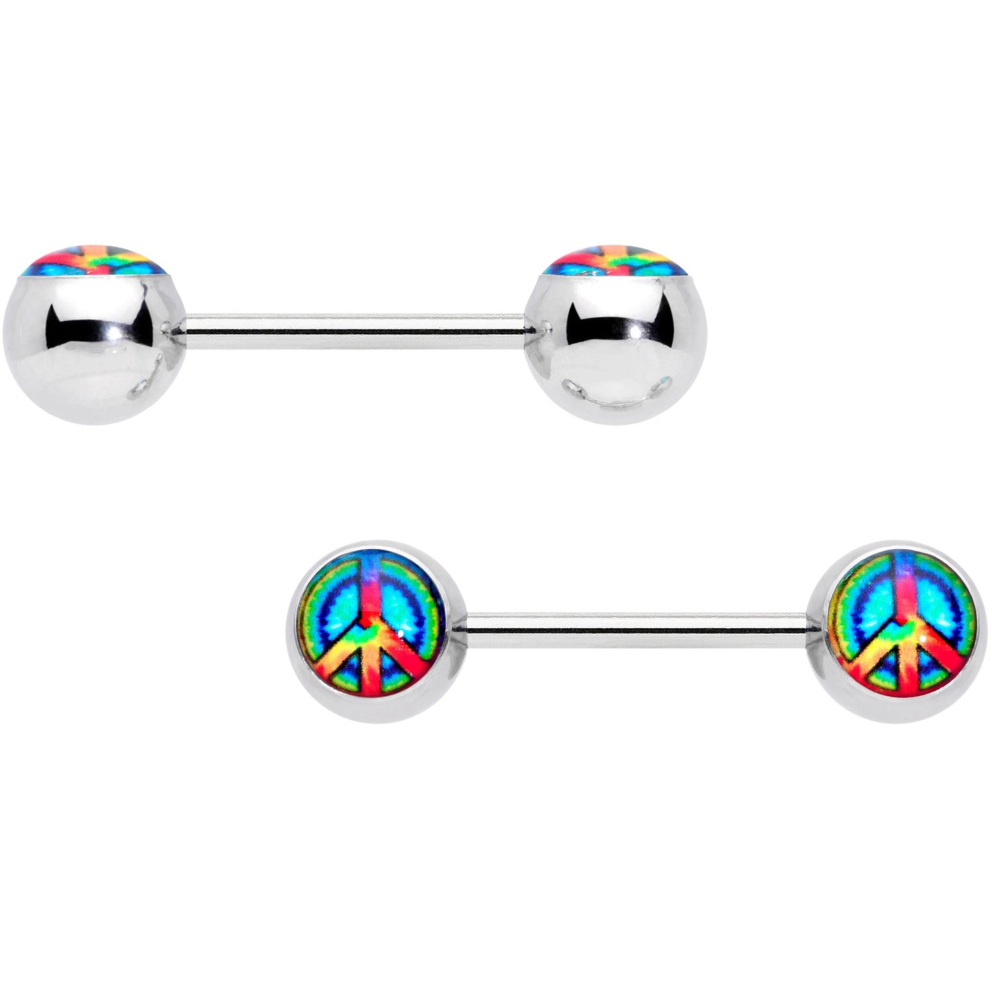 14G 9/16 Rainbow Tie Dye Peace Sign Barbell Nipple Ring Set