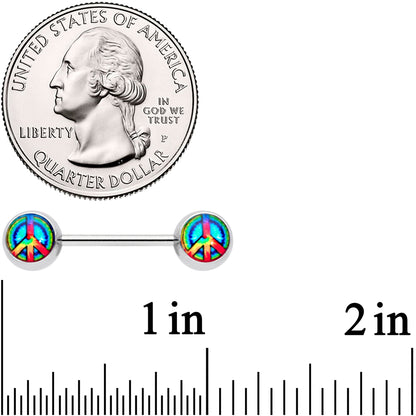 14G 9/16 Rainbow Tie Dye Peace Sign Barbell Nipple Ring Set