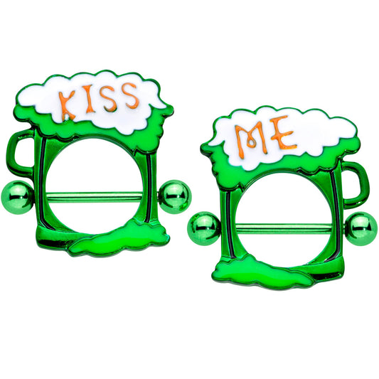 14G 9/16 Green Kiss Me St Patricks Day Beer Nipple Shield Set