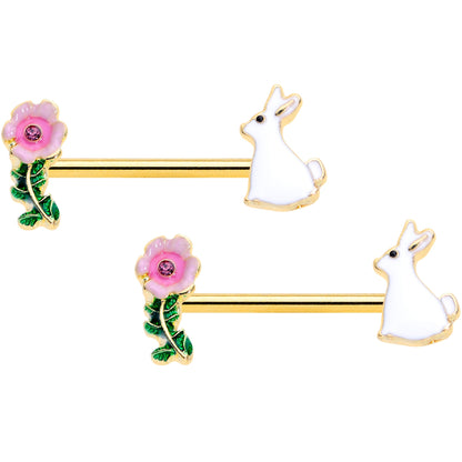 14G 9/16 Pink Gem Gold Tone Easter Bunny Flower Nipple Ring Set
