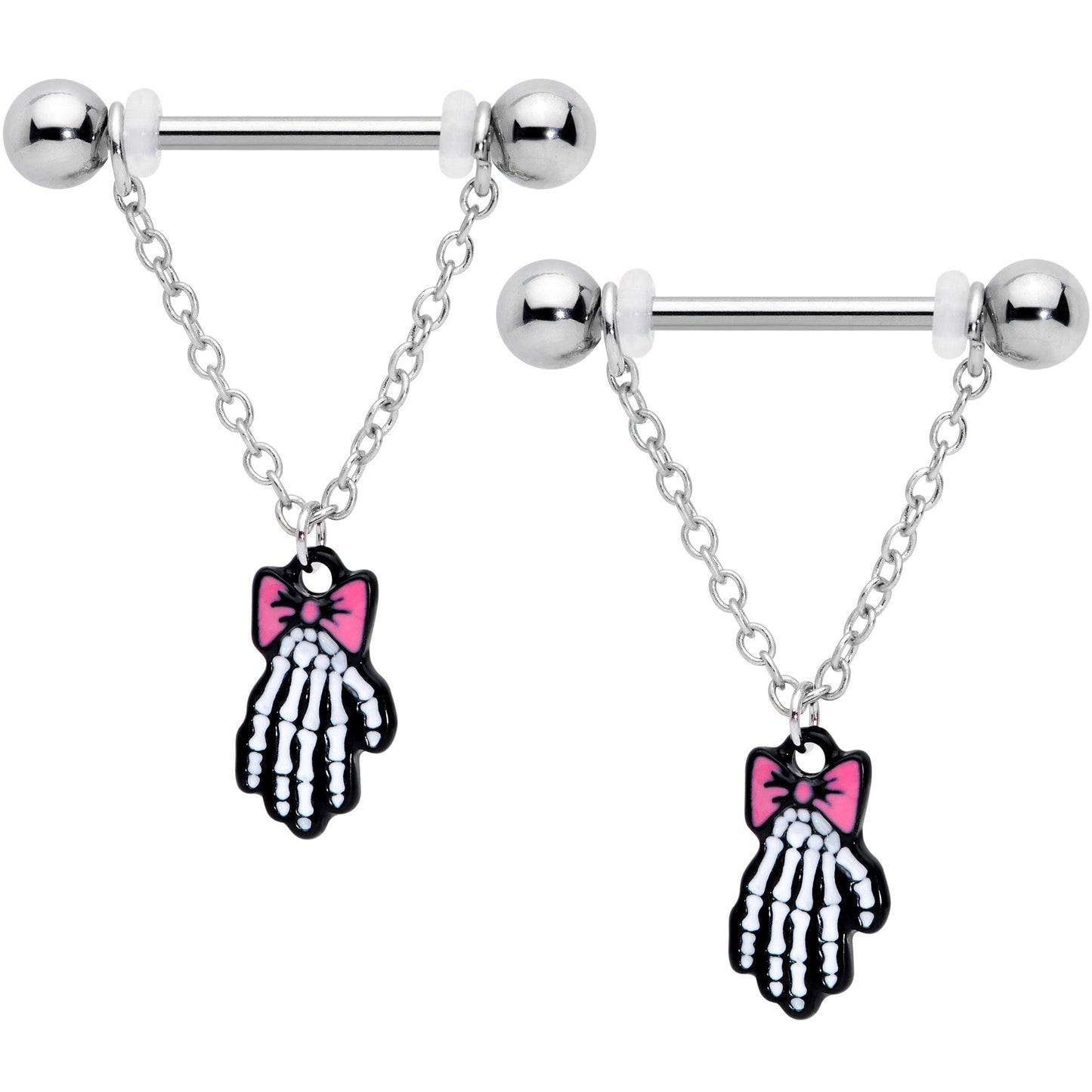 14G 9/16 Skeleton Hand Halloween Chain Dangle Nipple Ring Set