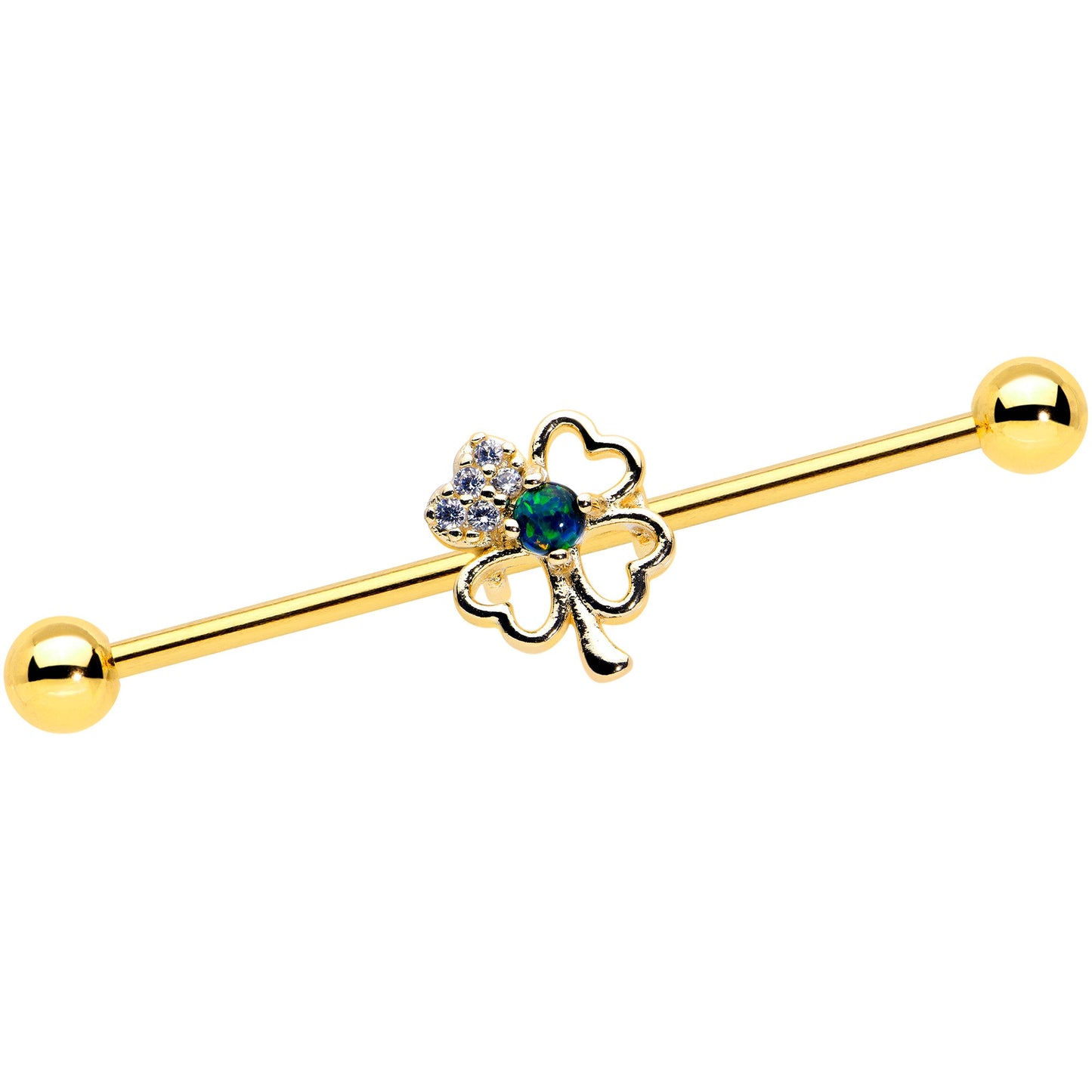 14G Green Synthetic Opal Gold Hue Shamrock Industrial Barbell 38mm