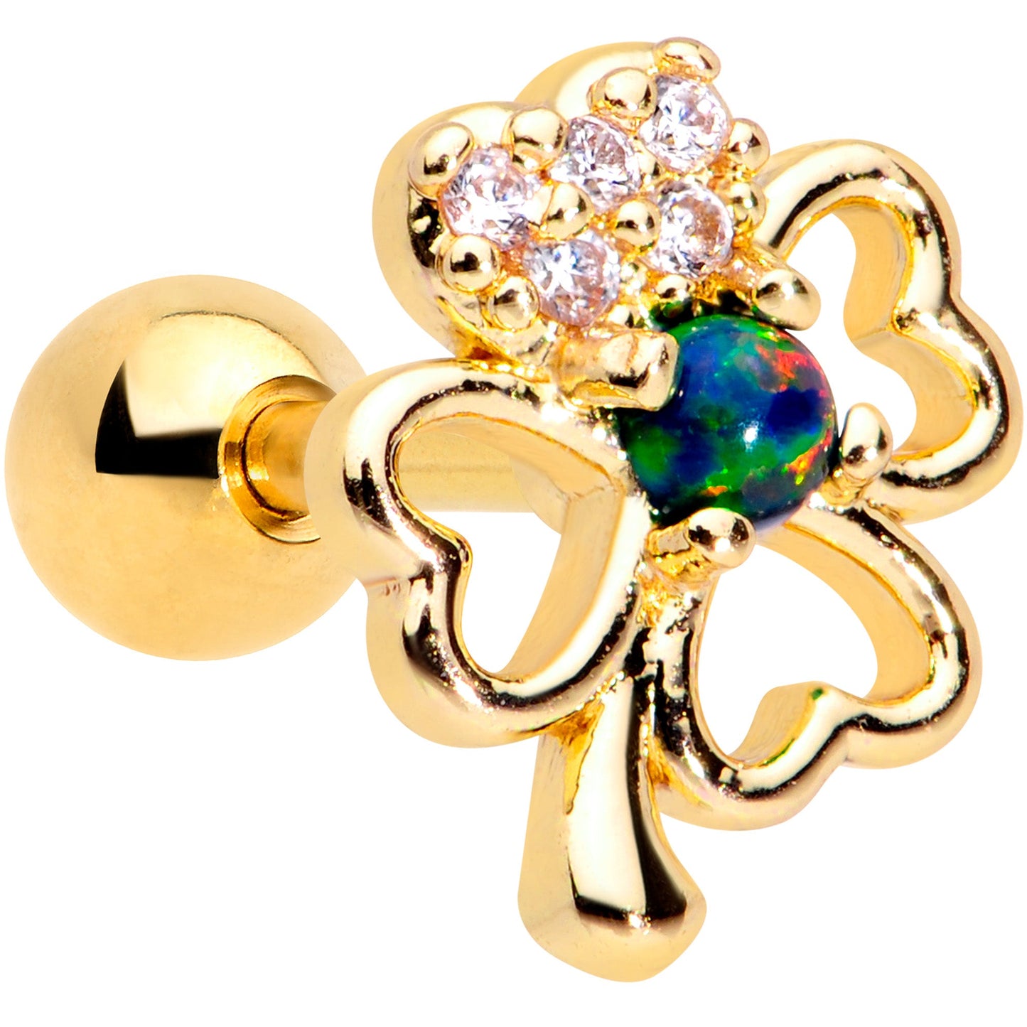 16G 1/4 Green Synthetic Opal Gold Tone Shamrock Cartilage Tragus