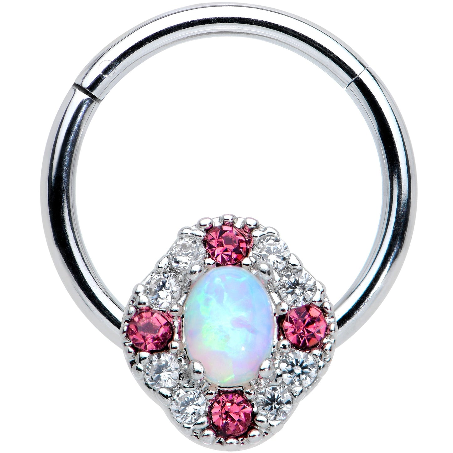 16G 3/8 White Synthetic Opal Glam Oval Hinged Segment Ring
