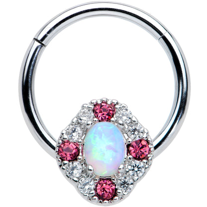 16G 3/8 White Synthetic Opal Glam Oval Hinged Segment Ring