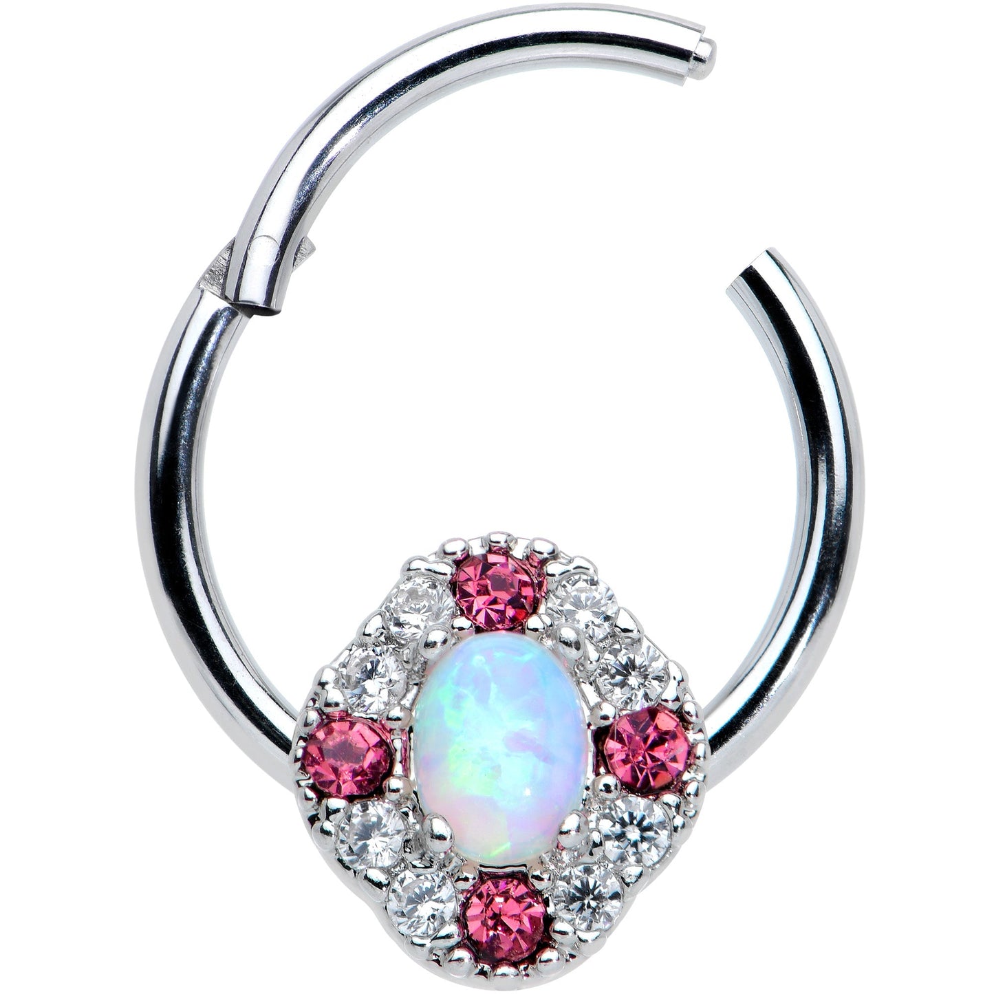 16G 3/8 White Synthetic Opal Glam Oval Hinged Segment Ring