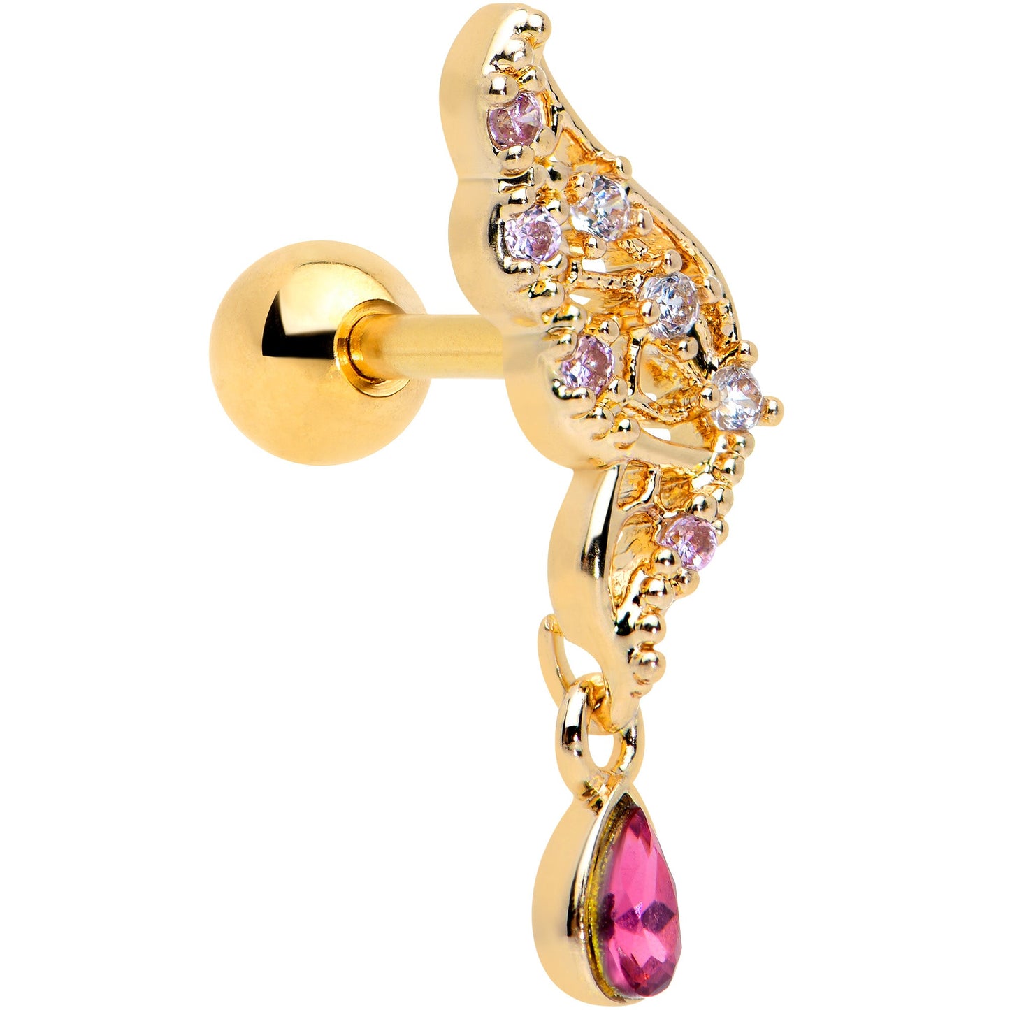 16G 1/4 Clear Red Gem Gold Tone Airy Wing Cartilage Tragus