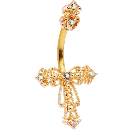 Clear CZ Gem Gold Tone Scrollwork Cross Belly Ring