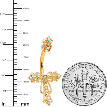 Clear CZ Gem Gold Tone Scrollwork Cross Belly Ring