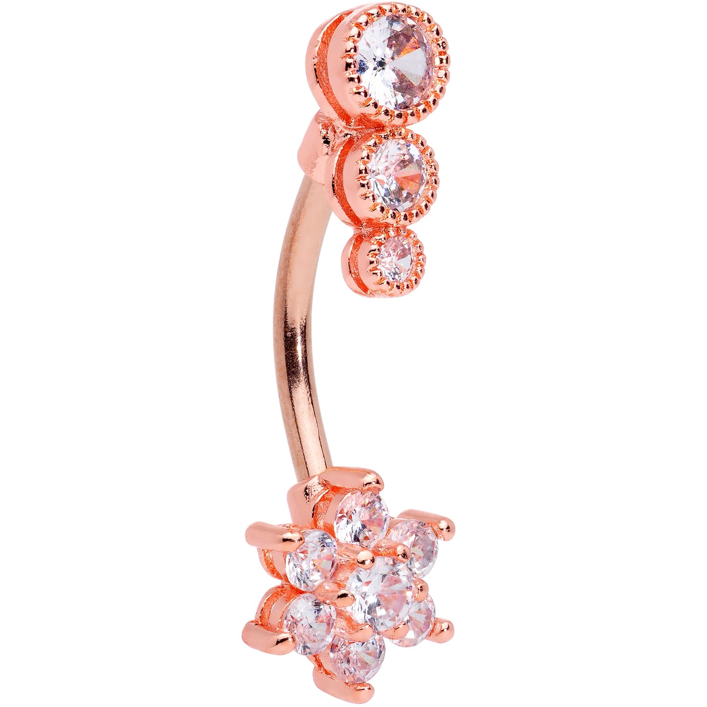 Clear CZ Gem Rose Gold Tone Triple Drop Flower Belly Ring