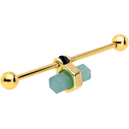 14G Gold Tone Green Gem Groovy Stone Hippie Industrial Barbell 38mm