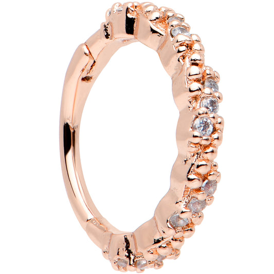 16G 3/8 Clear CZ Gem Rose Gold Tone Textured Hinged Segment Ring