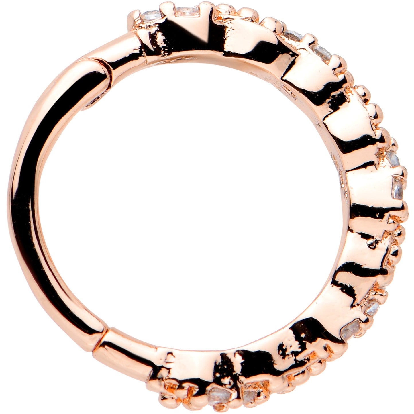 16G 3/8 Clear CZ Gem Rose Gold Tone Textured Hinged Segment Ring