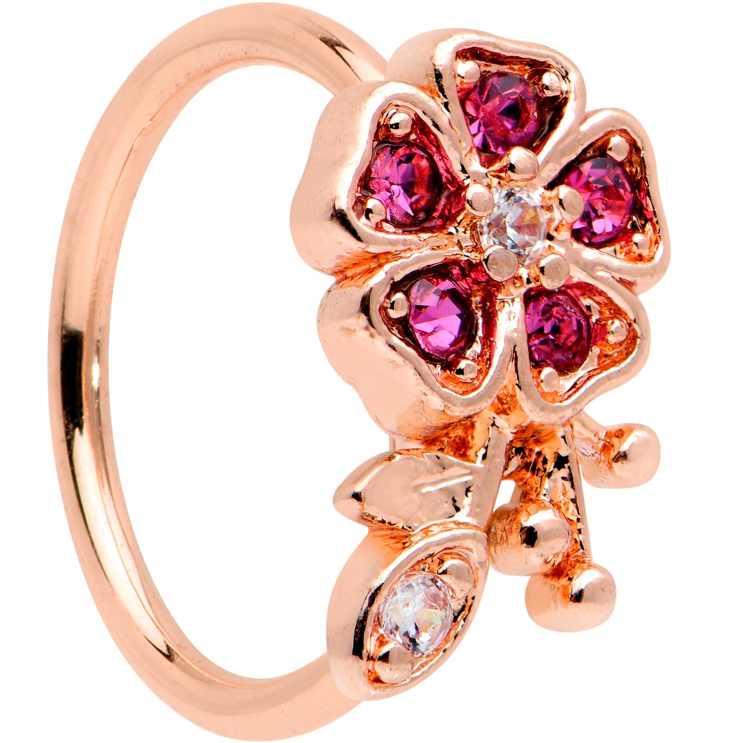 20G 5/16 Clear Pink Gem Rose Gold Tone Heart Flower Nose Hoop