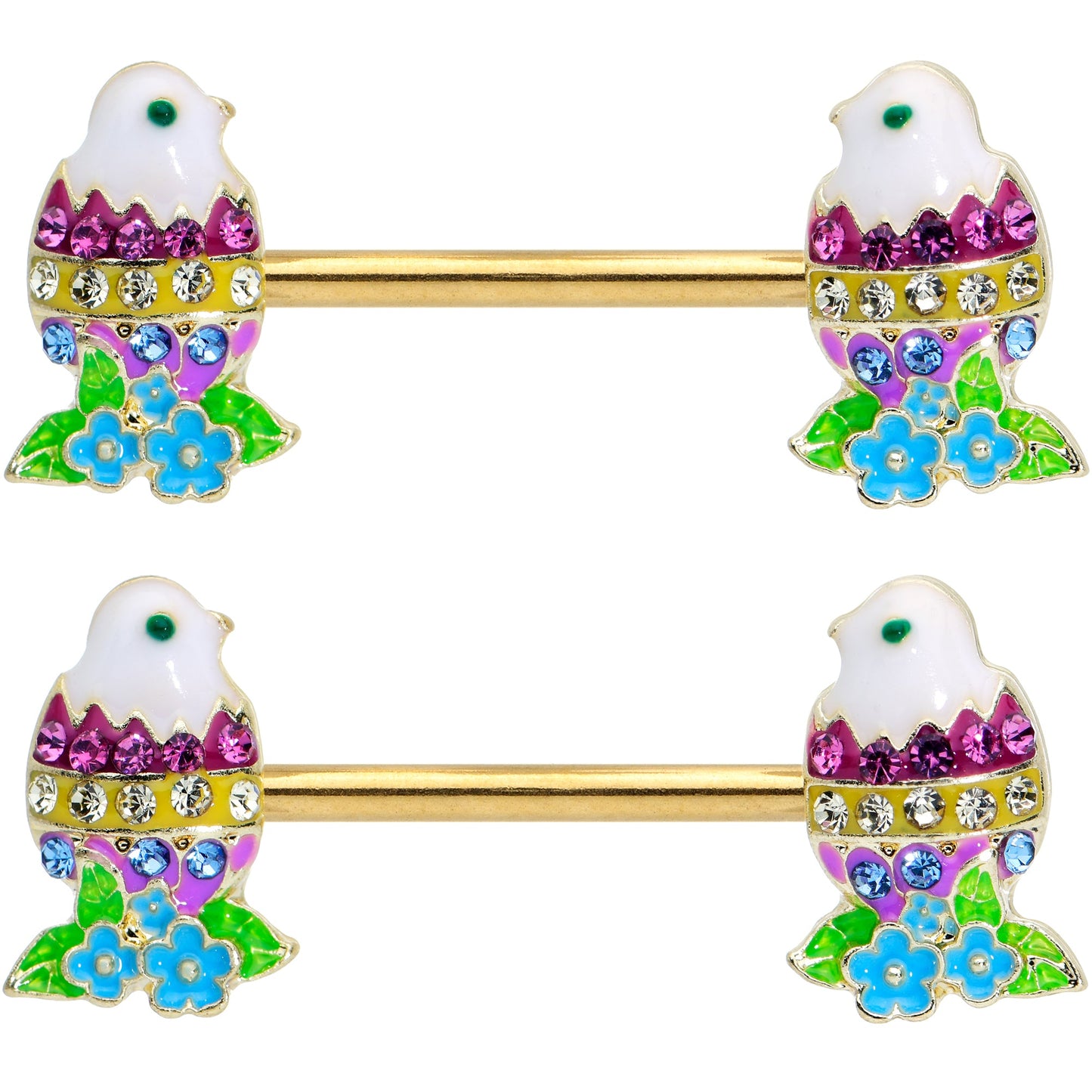 14G 9/16 Clear Blue Gem Gold Tone Easter Chick Nipple Ring Set