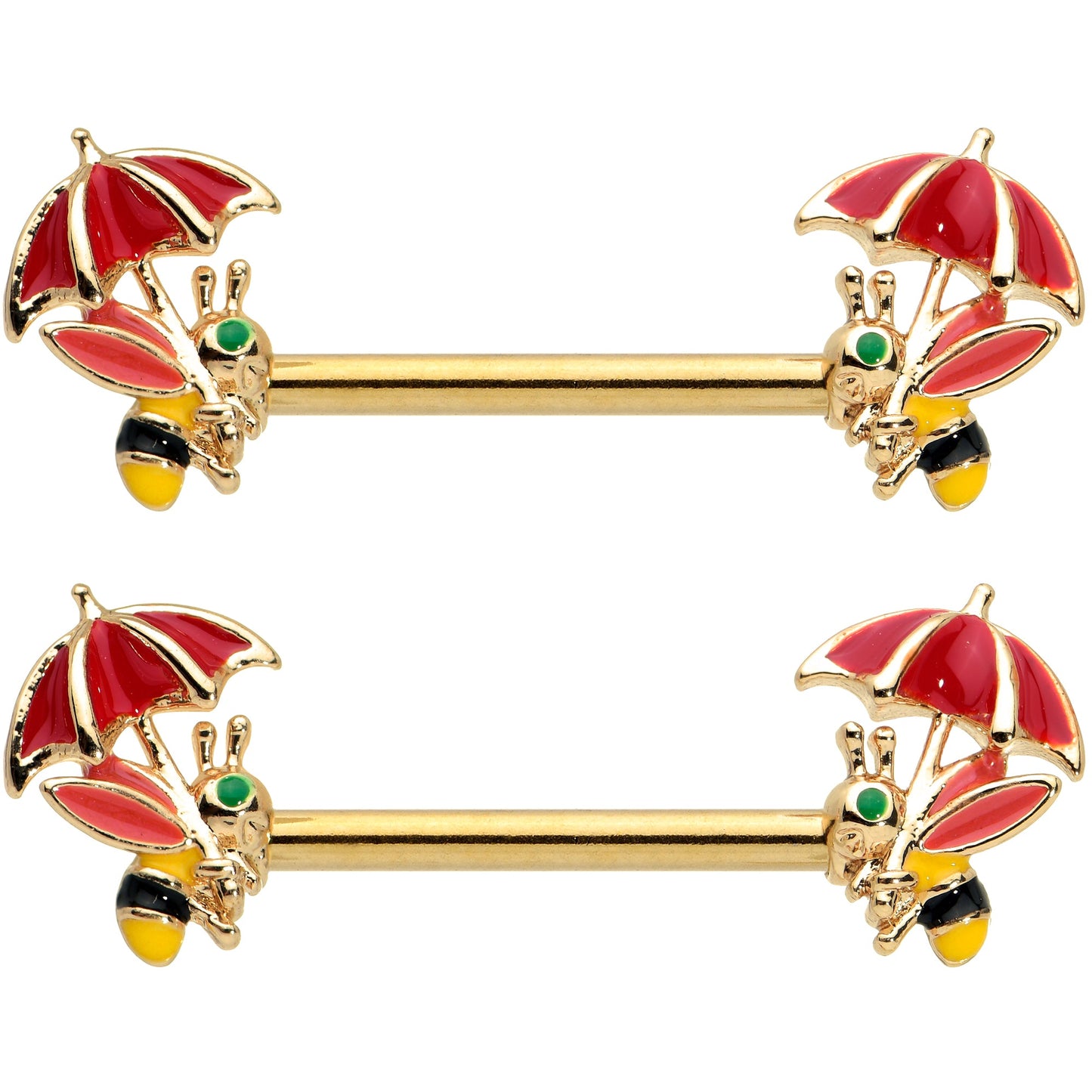 14G 9/16 Gold Tone Rainy Day Umbrella Bee Barbell Nipple Ring Set