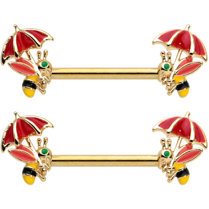 14G 9/16 Gold Tone Rainy Day Umbrella Bee Barbell Nipple Ring Set