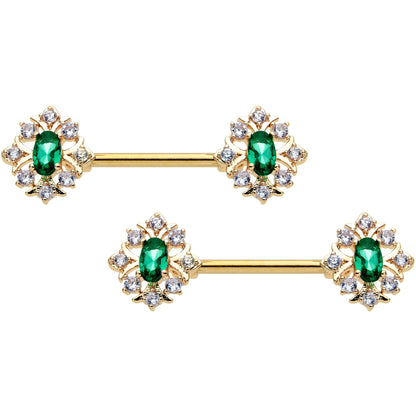 14G 1/2 Clear Green Gem Gold Hue Art Deco Barbell Nipple Ring Set
