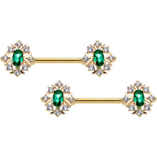14G 1/2 Clear Green Gem Gold Hue Art Deco Barbell Nipple Ring Set