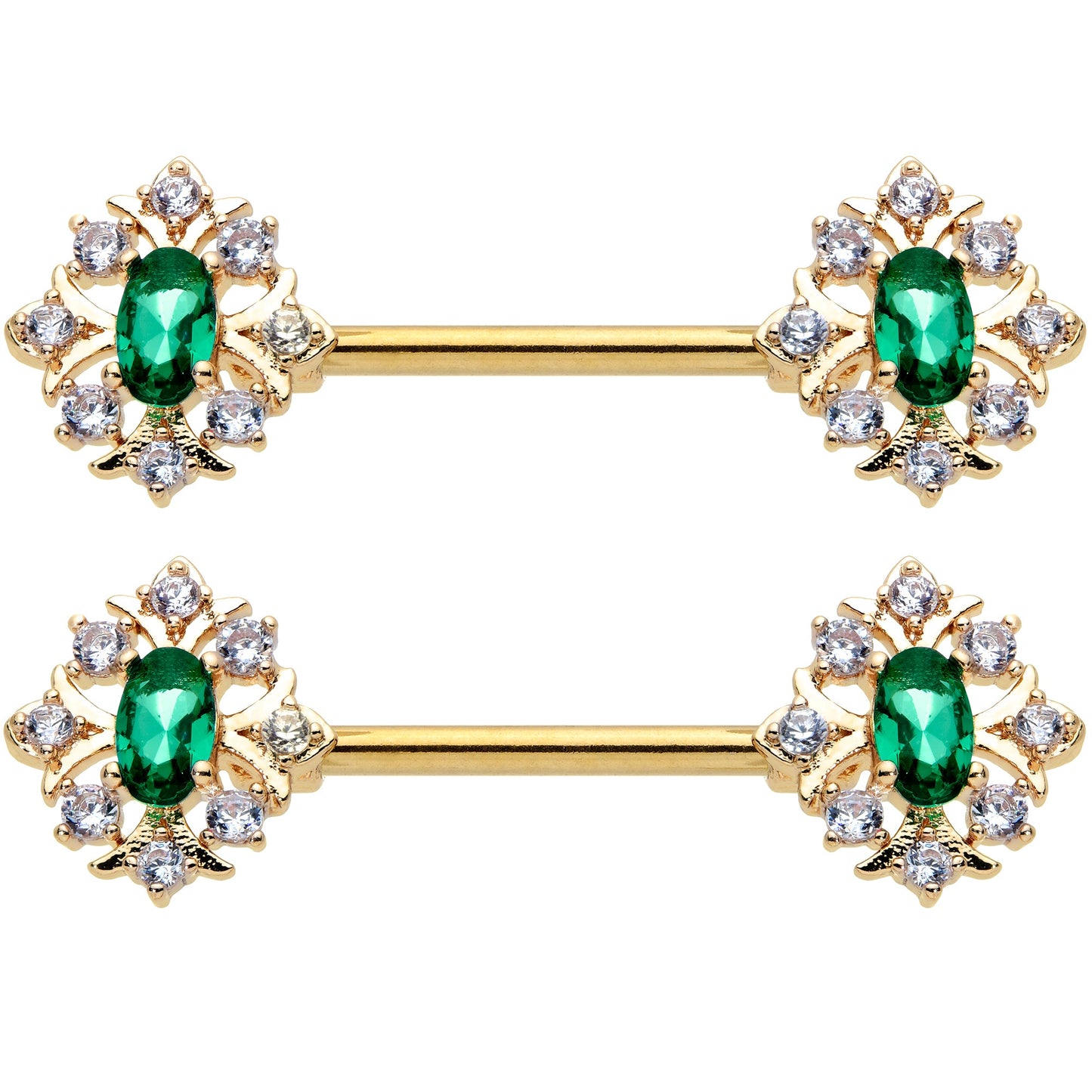 14G 1/2 Clear Green Gem Gold Hue Art Deco Barbell Nipple Ring Set