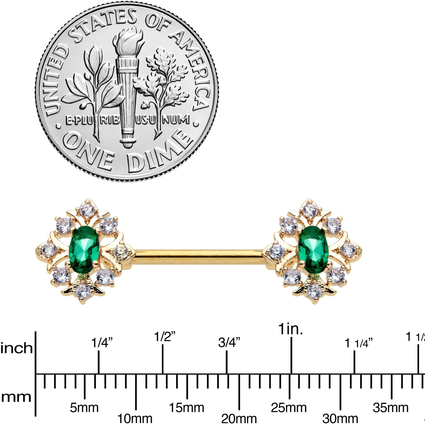 14G 1/2 Clear Green Gem Gold Hue Art Deco Barbell Nipple Ring Set