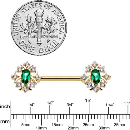 14G 1/2 Clear Green Gem Gold Hue Art Deco Barbell Nipple Ring Set