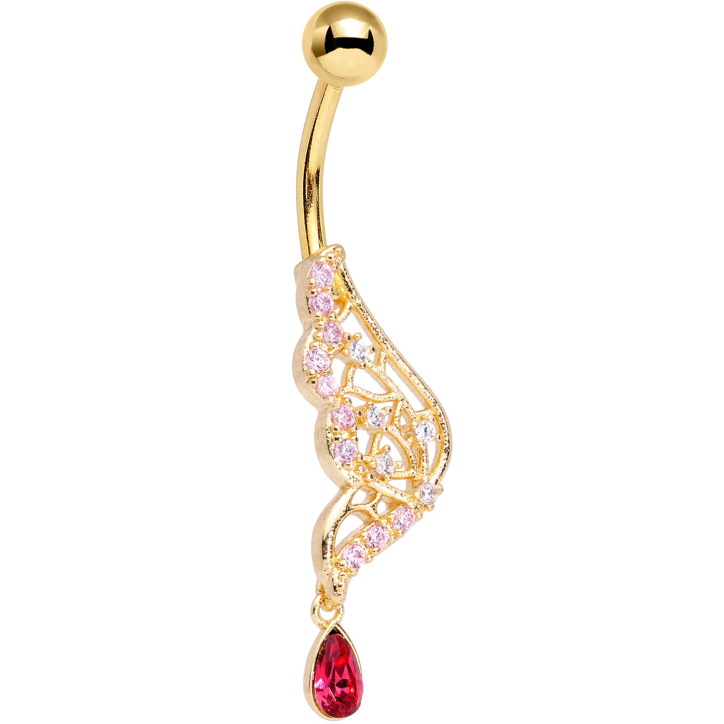 Clear Red Gem Gold Tone Airy Wing Dangle Belly Ring