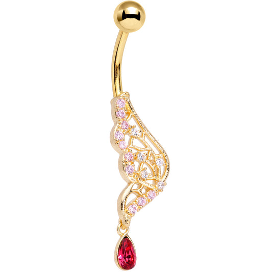 Clear Red Gem Gold Tone Airy Wing Dangle Belly Ring