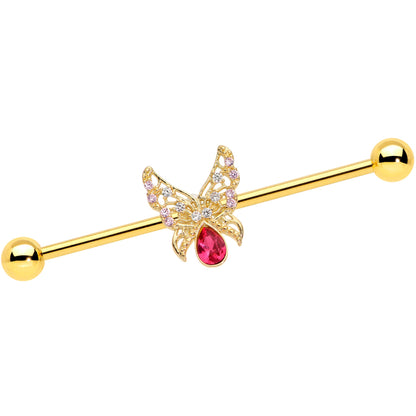 14G Clear Red Gem Gold Hue Lacy Butterfly Industrial Barbell 38mm