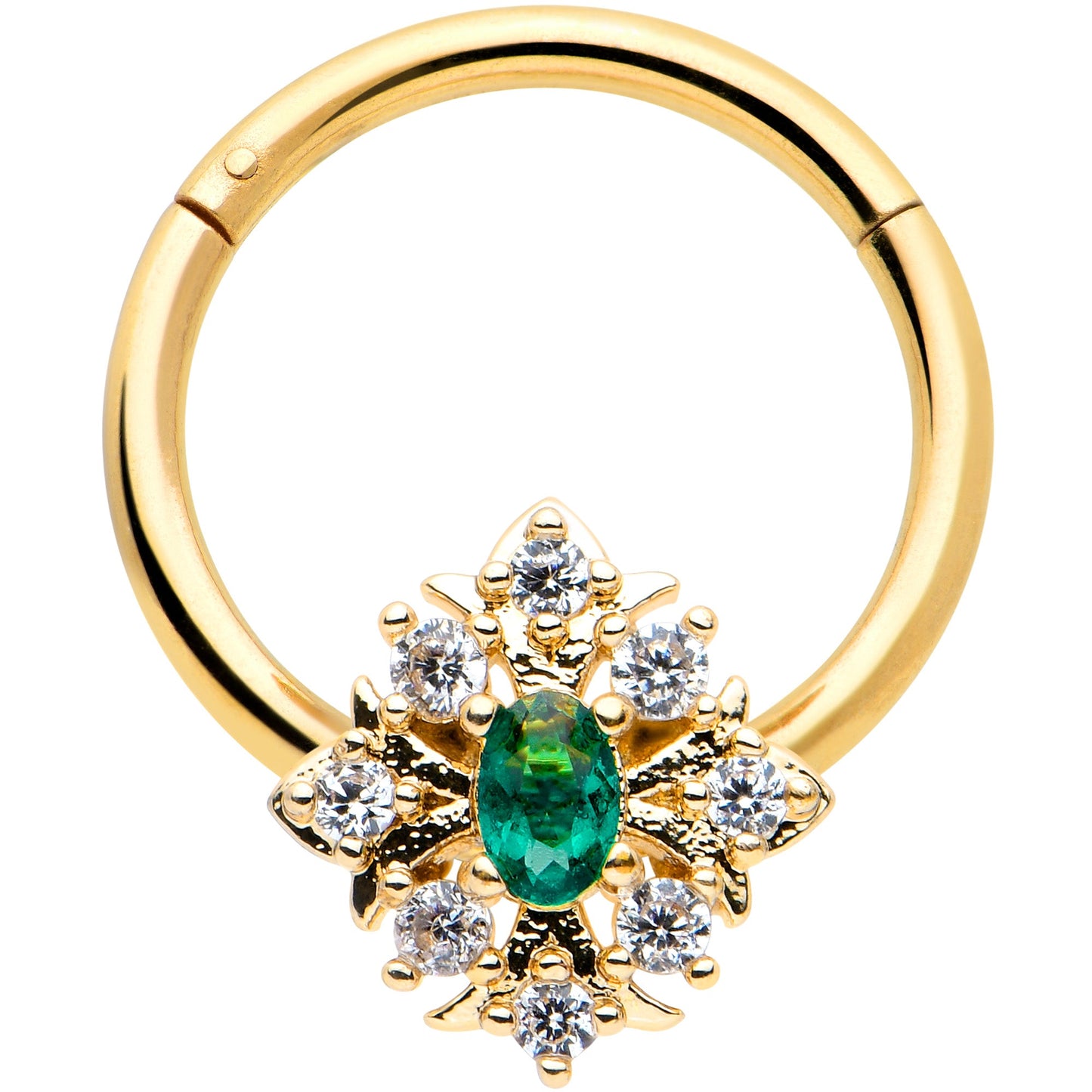 16G 3/8 Clear Green Gem Gold Tone Art Deco Hinged Segment Ring