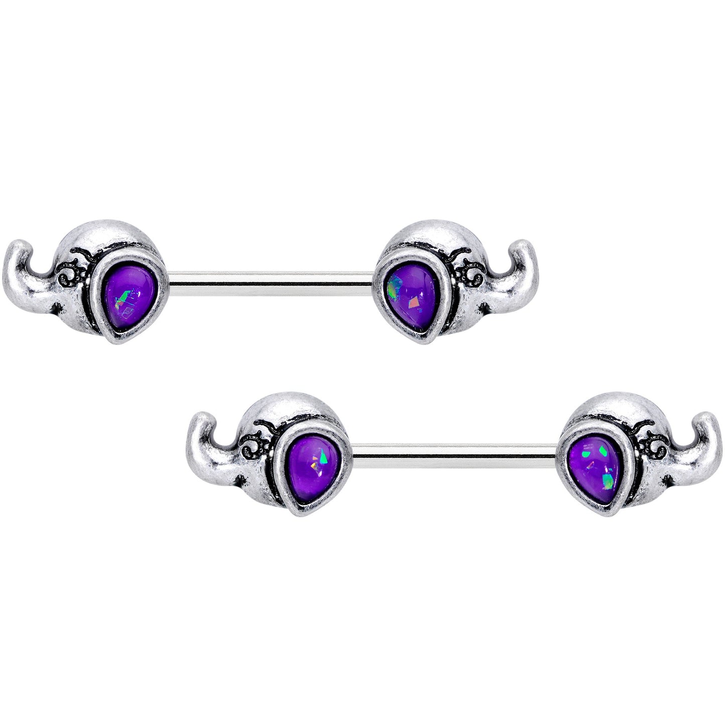 14G 9/16 Blue Faux Opal Elegant Elephant Barbell Nipple Ring Set