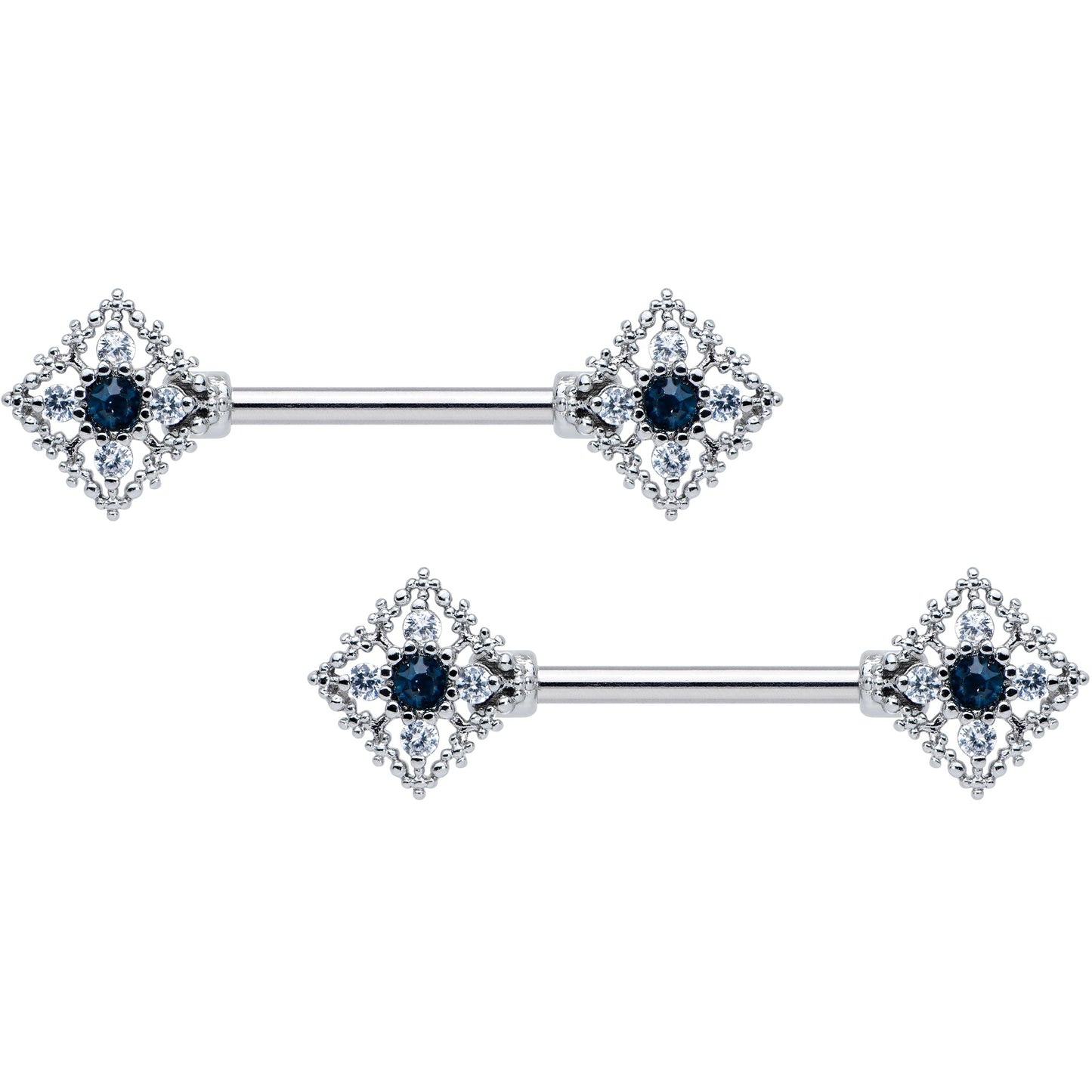 14G 9/16 Clear Blue Gem Textured Rhombus Cross Nipple Ring Set
