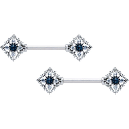 14G 9/16 Clear Blue Gem Textured Rhombus Cross Nipple Ring Set