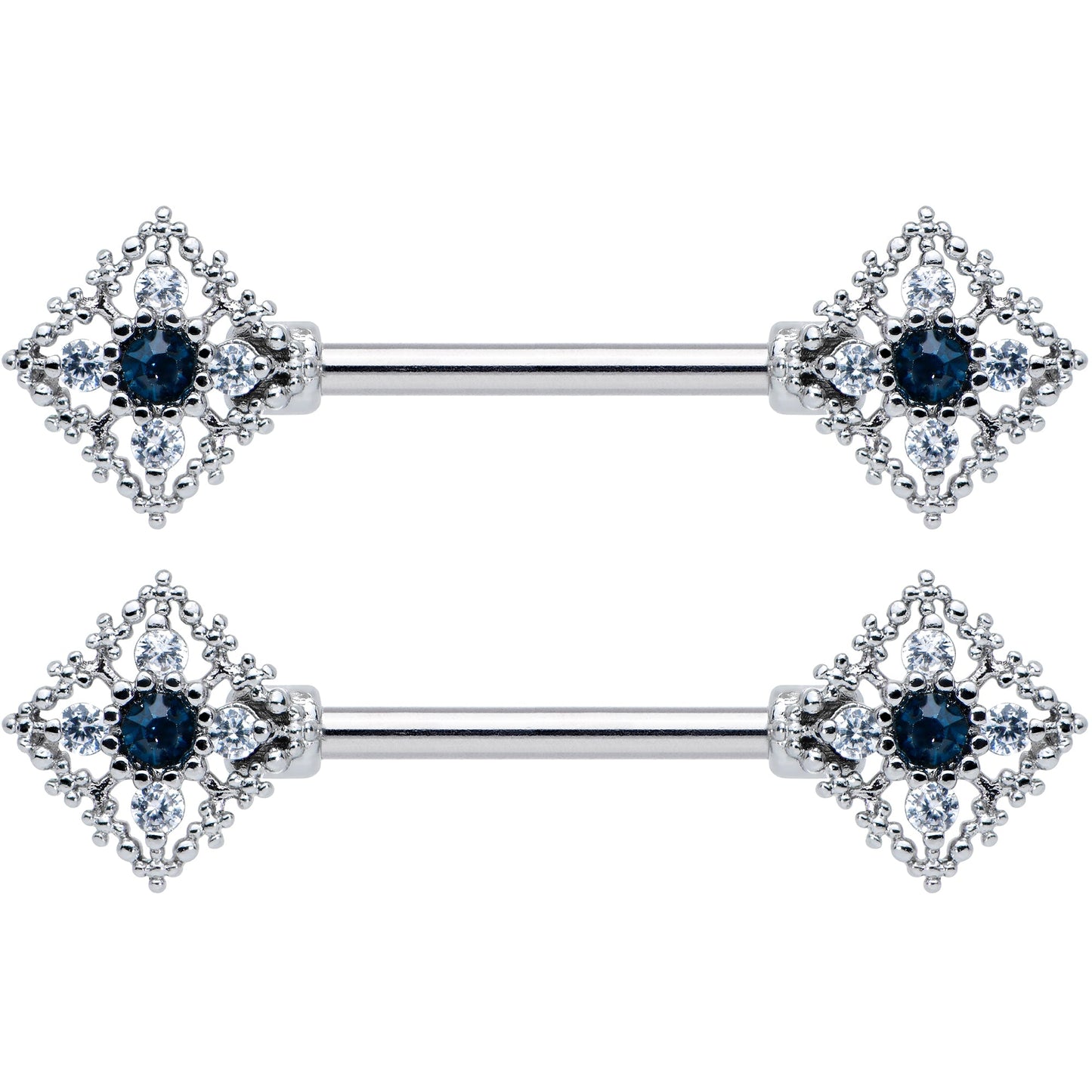 14G 9/16 Clear Blue Gem Textured Rhombus Cross Nipple Ring Set