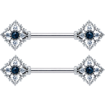 14G 9/16 Clear Blue Gem Textured Rhombus Cross Nipple Ring Set