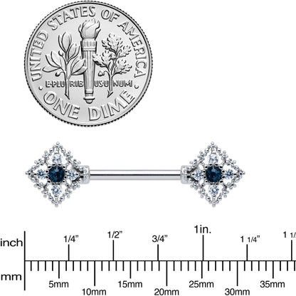14G 9/16 Clear Blue Gem Textured Rhombus Cross Nipple Ring Set